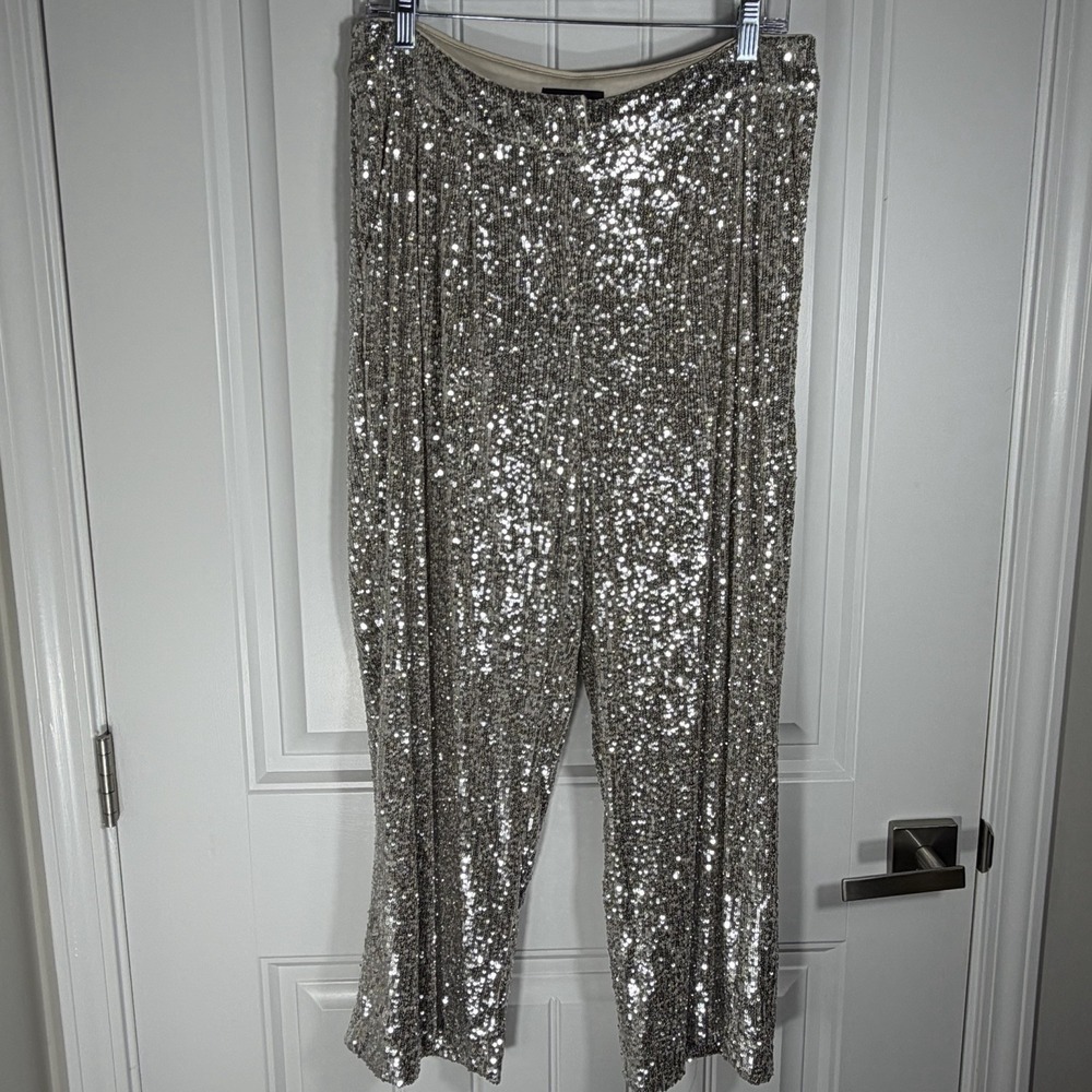 Express Champagne Silver Sequin Wide Leg Pants Women's Medium‎ Party Holiday